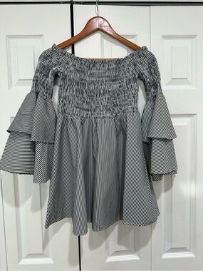 Gray and White Striped Off-Shoulder Ruffled Sleeve Tunic